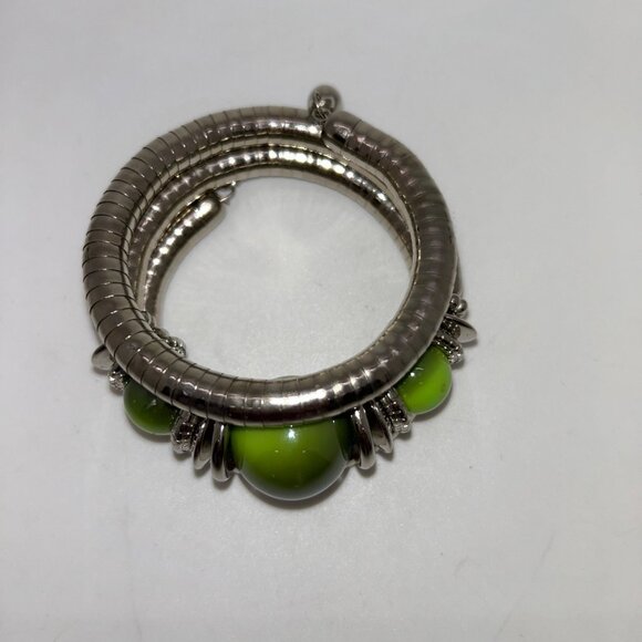 Silver-Tone & Green Acrylic Bead Memory Wire Bracelet Adjustable Wrap Style - Picture 7 of 10